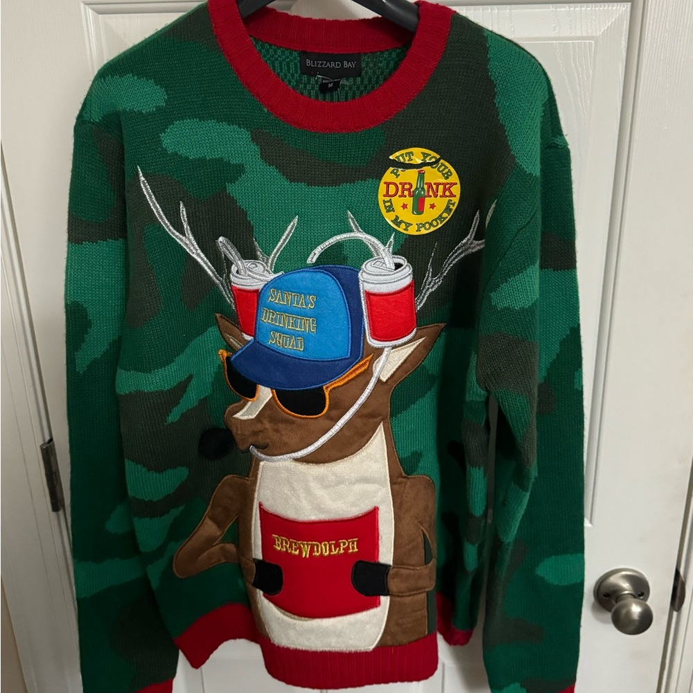 Blizzard Bay Brewdolph Santa's Drinking Squad Camo Ugly Christmas Sweater M NWT